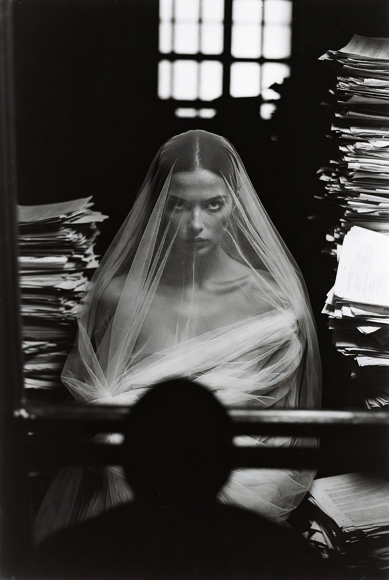 Black-and-white photograph. A veiled figure stands between two towering stacks of paperwork beneath a barred window, returning the viewer's look without flinching. A dark observer's silhouette sits in the immediate foreground, occupying the position of the bench.